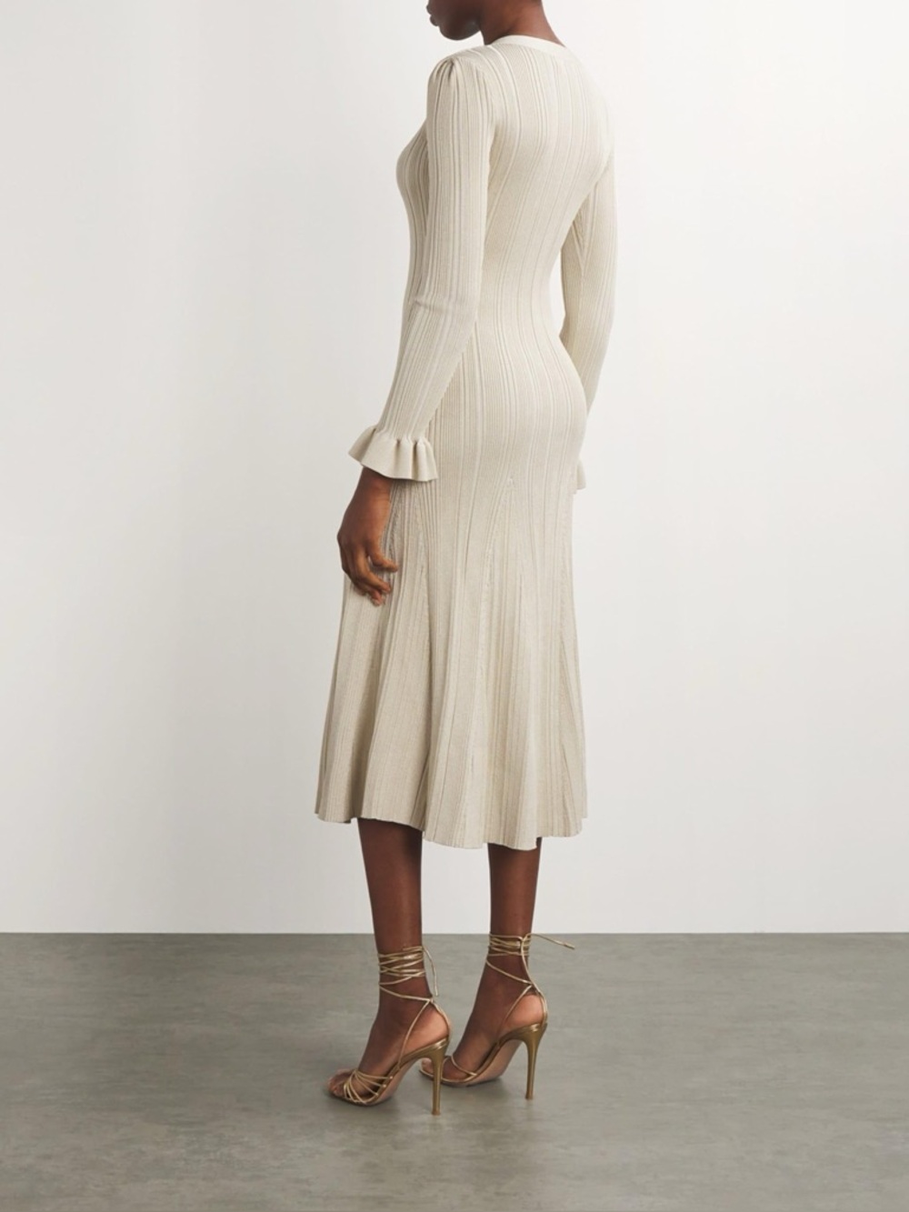 Self-Portrait Metallic Ribbed Ruffle-Cuff Midi Dress Size M - Picture 2 of 3